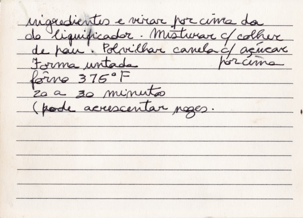 Mom's recipe card for Blender Carrot Cake (back of card)