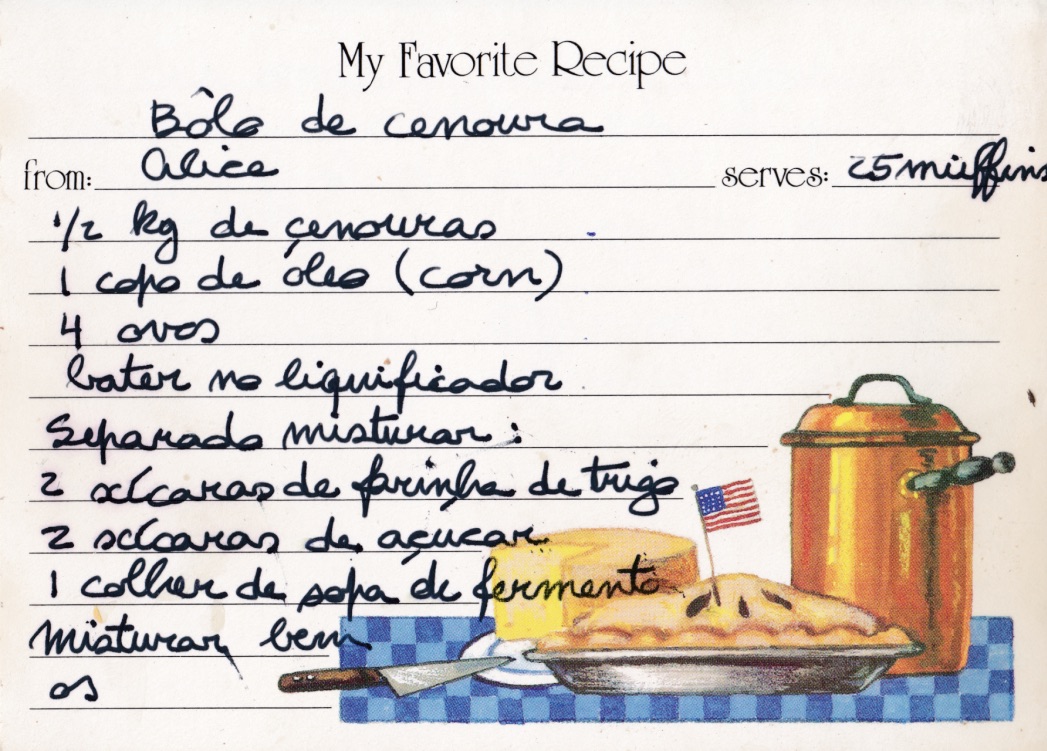 Mom's recipe card for Blender Carrot Cake (front of card)